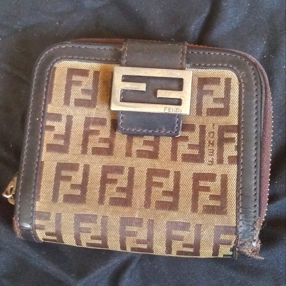 Fendi Handbags - Vintage fendi ff monogram multi compartment brown leather canvas silver wallet